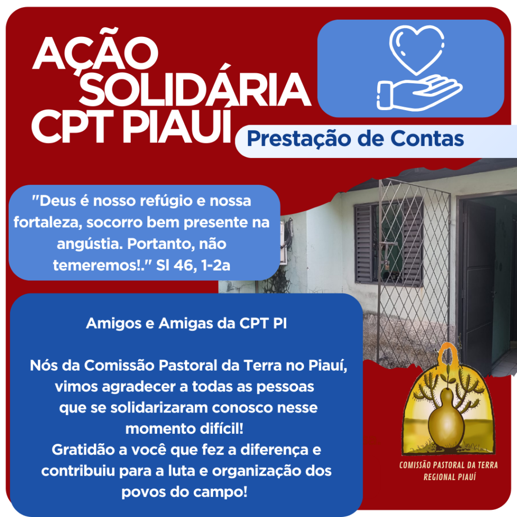 Prestação de contas: CPT PI emite carta de agradecimento pelas doações recebidas durante campanha solidária